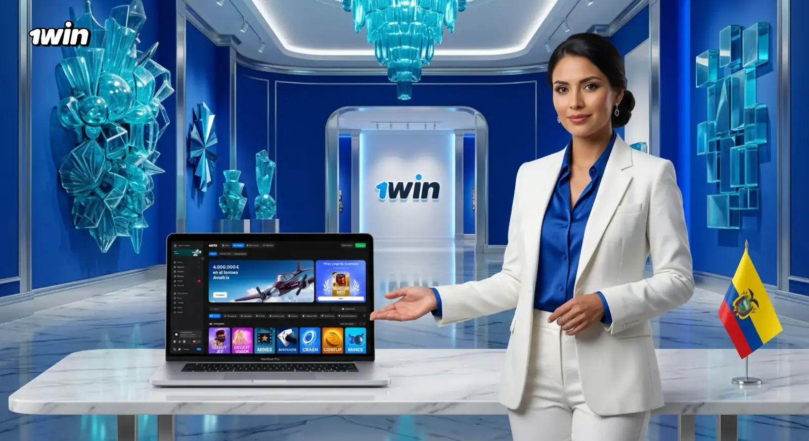 Presentadora en un estudio azul de 1win junto a una laptop con el casino abierto y la bandera de Ecuador