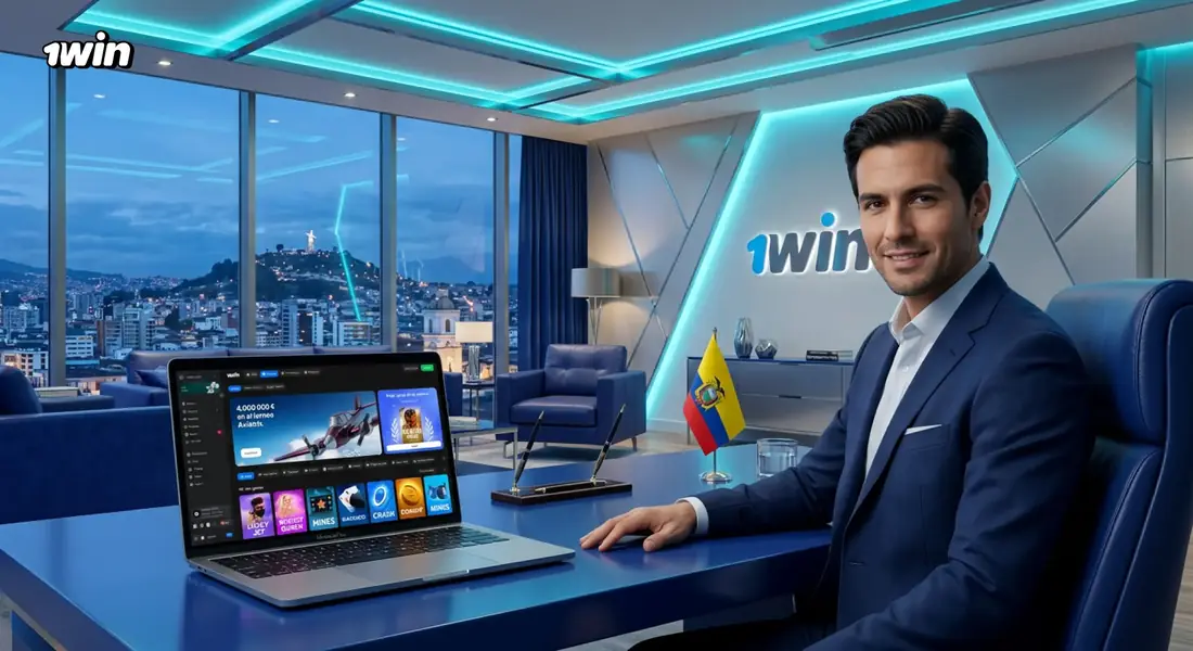 Hombre en una oficina azul de 1win con vista nocturna de una ciudad andina, con la plataforma abierta en su laptop y la bandera de Ecuador